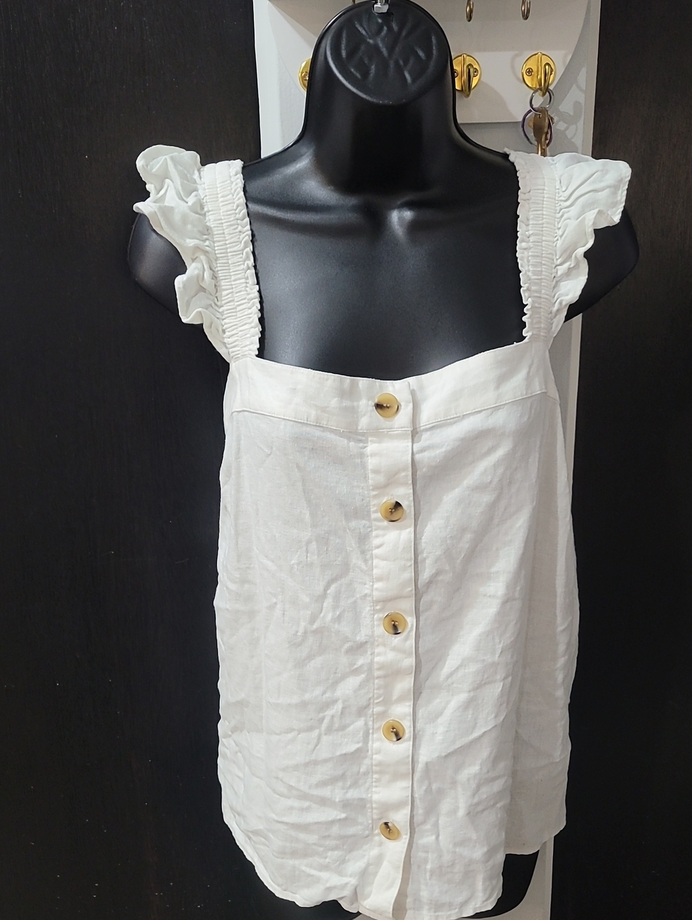 J. Crew White Button Front Ruffle Strap Linen Blend Tank